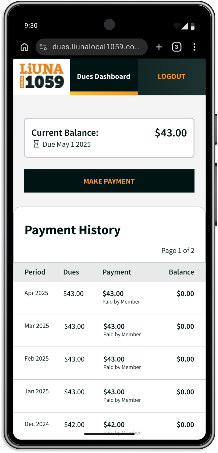A mockup of concept 2. The column titles are 'Period', 'Dues', 'Payment', and 'Balance' and the table is not cut off. In the payment column, each cell shows the payment amount in dollars and who it was paid by in smaller text below.